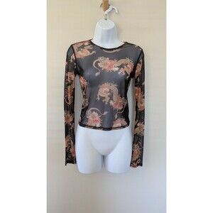 Urban Outfitters Mesh Shirt Womens S Black Sheer Y2K Dragon Floral Asian Crop